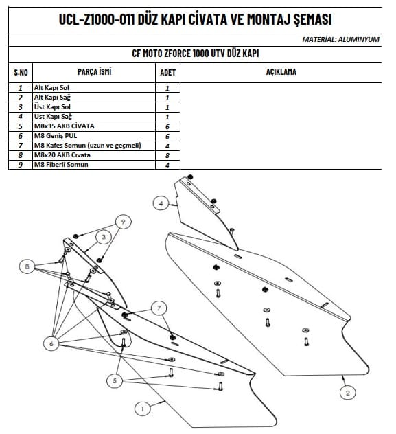 Z FORCE 1000 UTV UYUMLU ALÜMİNYUM DÜZ KAPI